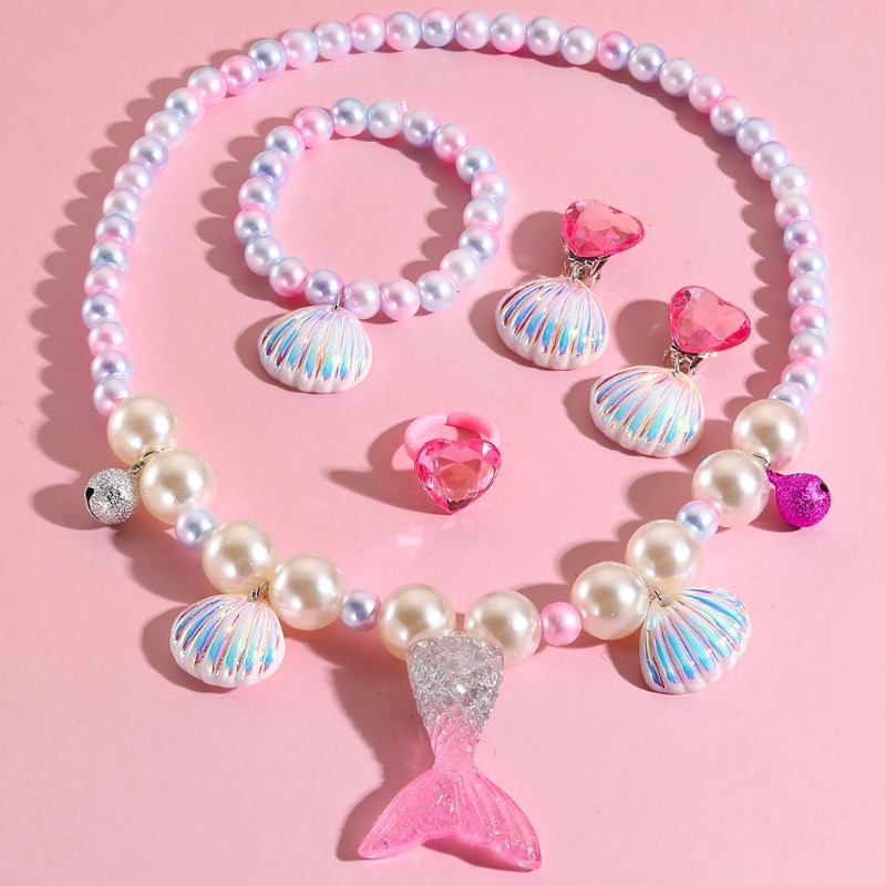 Ensemble de bijoux sirène en forme de coquillage pour enfants, collier, boucles d'oreilles, bracelet, bague, ensemble de déguisement de princesse, cadeau d'anniversaire pour filles