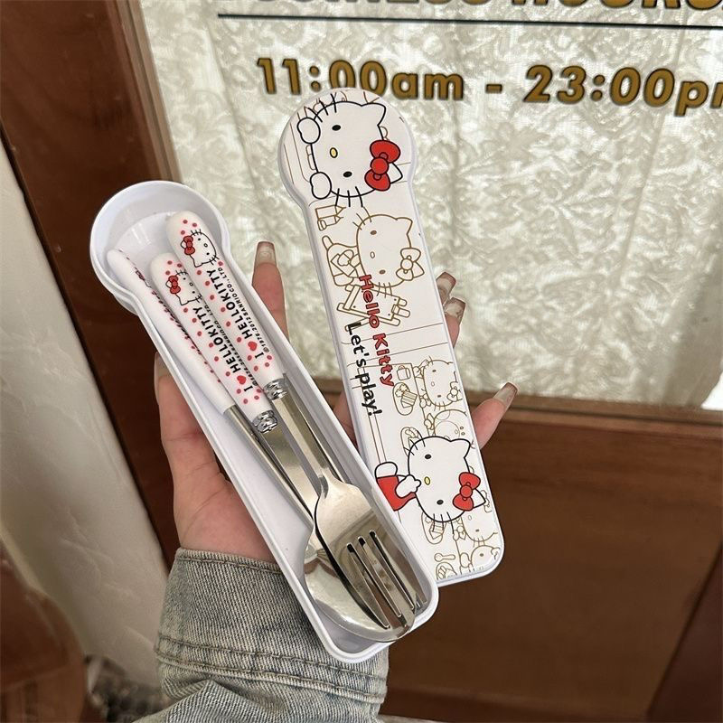 Sanrio anime olá kitty talheres colher pauzinhos garfo conjunto de talheres de aço inoxidável estudantes ir para trabalhar talheres portáteis
