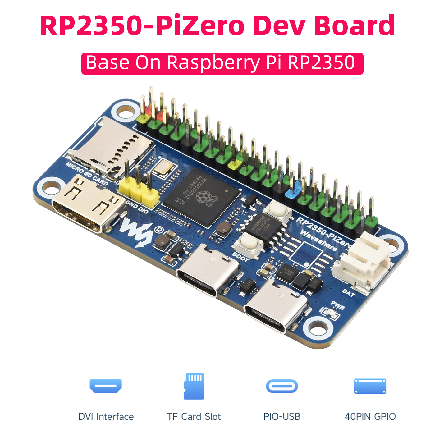 Płytka rozwojowa Waveshare RP2350-PiZero Raspberry Pi Pico 2 oparta na RP2350B 16M Flash DVI PIO-USB Interfejs Mikrokontroler