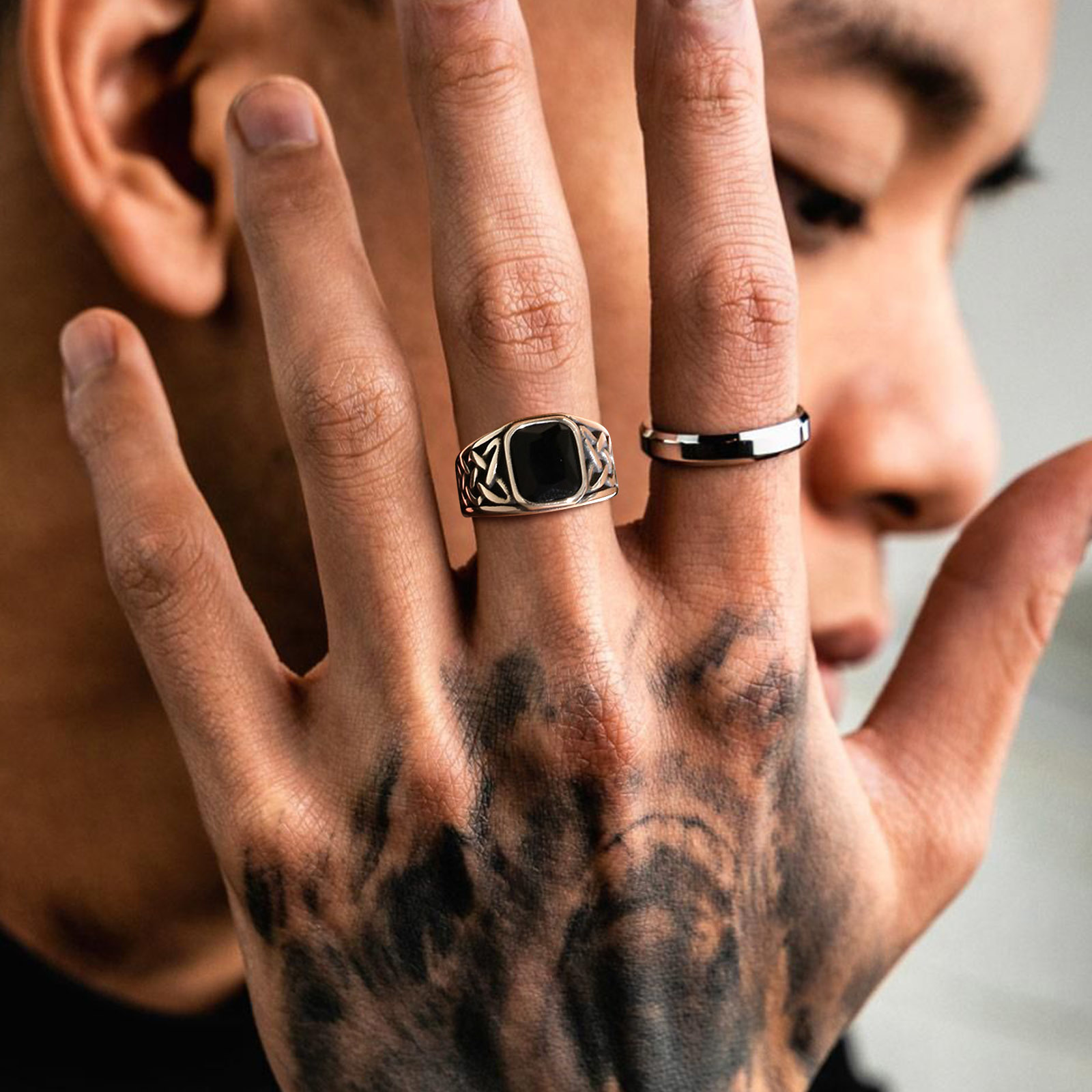 Панк винтажные этнические кольца для мужчин, ретро Viking Knot Rune Finger Band, черное геометрическое кольцо с квадратным камнем, ювелирные изделия