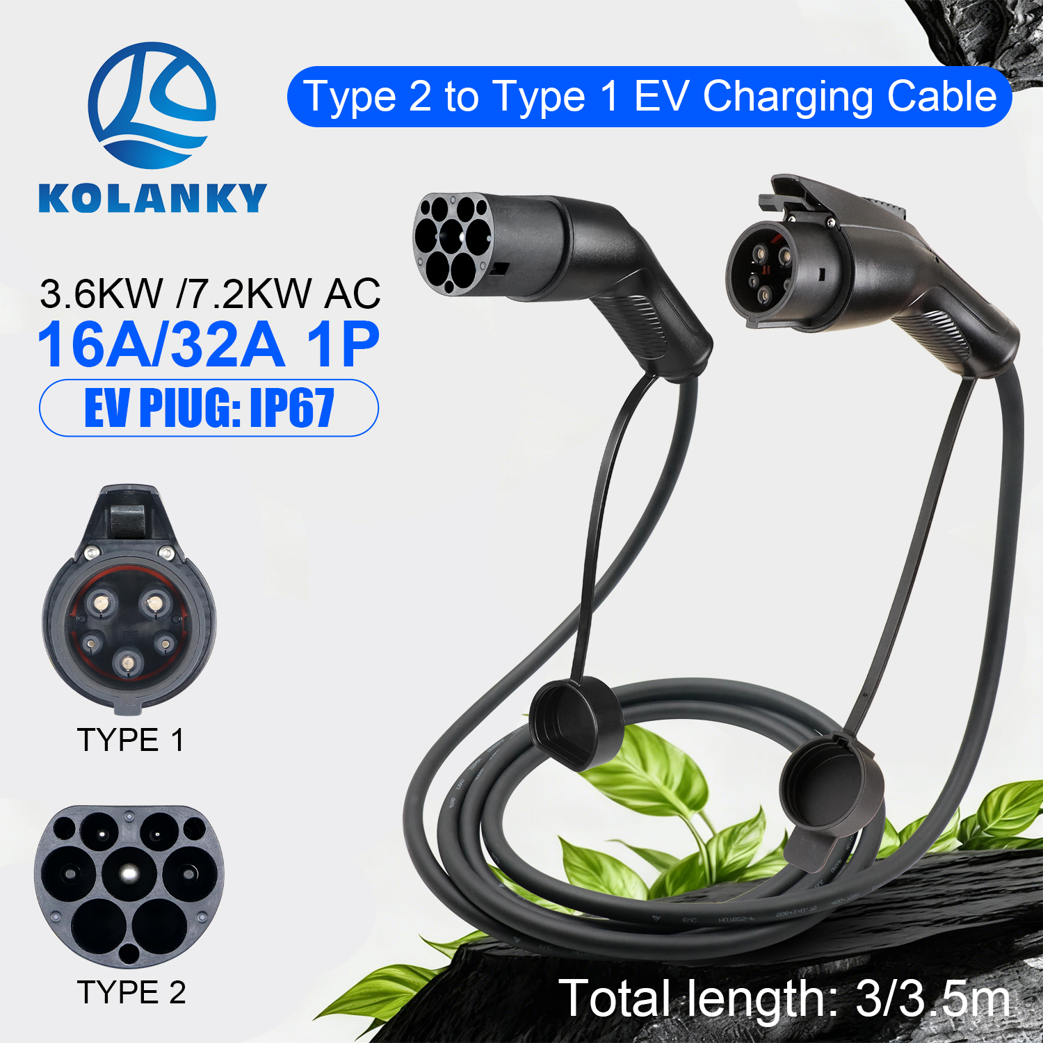 Portable 32A 7.2KW EV Charging Cable Type2 To Type1 For EV Hybrid PHEV Cars Full Lenght 3.5/4M With Public Charging Stations