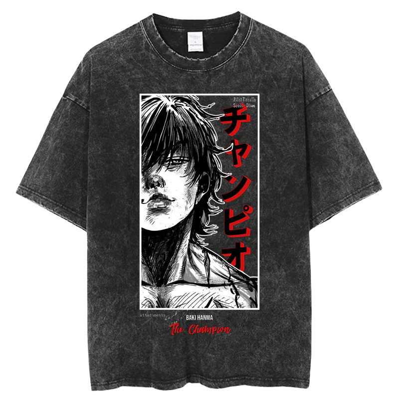 夏の綿ルーズウォッシュトップス Tシャツアニメプリント Tシャツメンズストリートヴィンテージ黒 Tシャツ原宿特大 Tシャツ