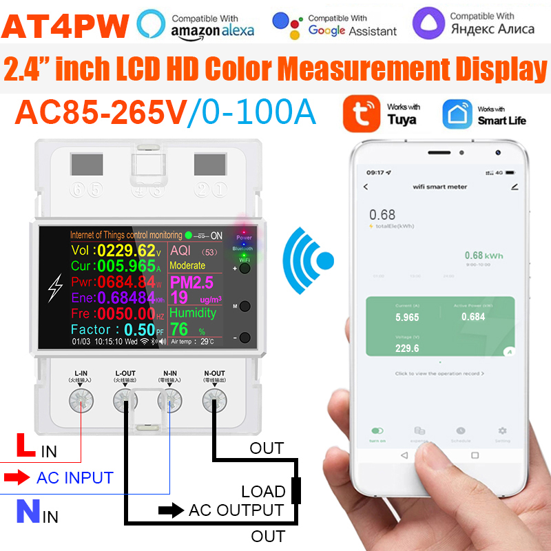AT4PW AC 110V 220V 100A Tuya WIFI energía Digital carril Din interruptor inteligente Control remoto voltios amperios Kwh medidor de factor de frecuencia