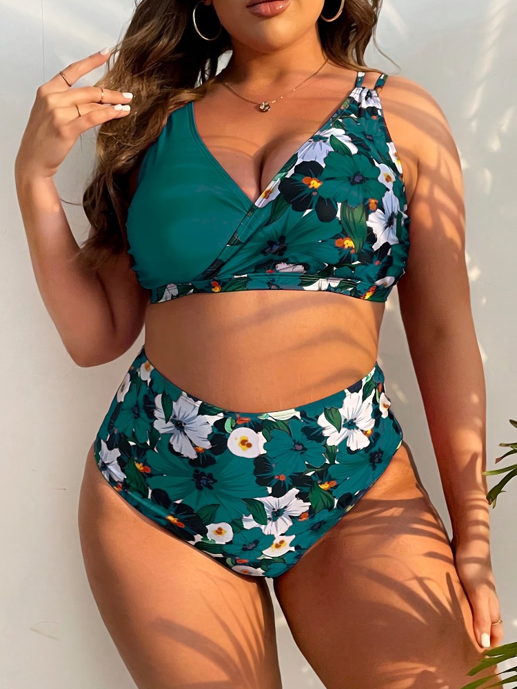 Bikini con volantes de talla grande para mujer, traje de baño Floral con ribete y lazo frontal, traje de baño femenino de cintura alta 2023