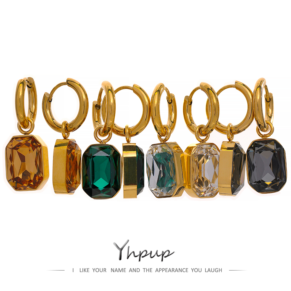 Yhpup Edelstahl-Ohrringe mit kubischem Zirkonia, trendige Ohrringe, 18 Karat vergoldet, grüner quadratischer geometrischer Ohrring-Schmuck