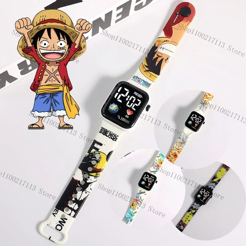 Novo luffy dragon ball goku pikachu dos desenhos animados impressão cinta botão led quadrado à prova dwaterproof água relógio eletrônico meninos meninas presentes de aniversário