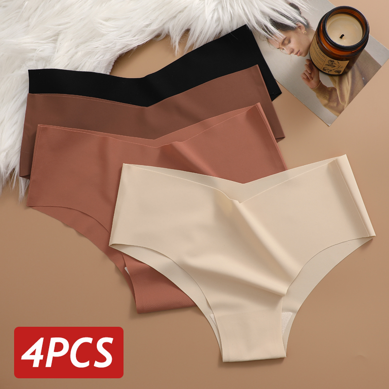 Slip sans couture pour femmes, sous-vêtements Sexy taille en V, 10 couleurs unies, soie glacée, sans Trace, culotte intime respirante, Lingerie, 4 pièces