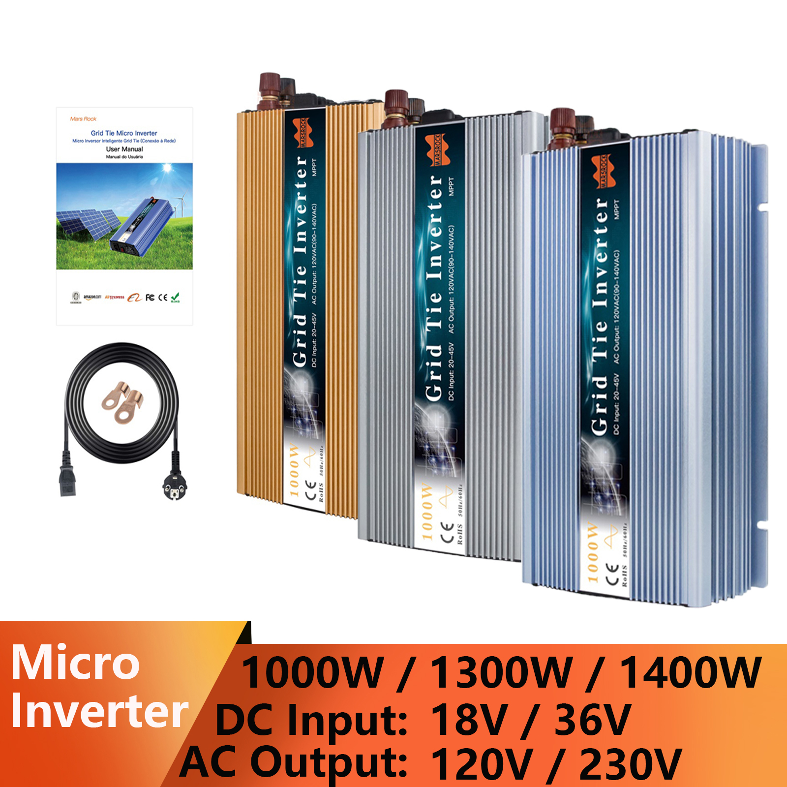 Micro-onduleur solaire pour système d'alimentation solaire, convertisseur à onde sinusoïdale pure MPPT, 1000W, 1300W, 1400W, 10.8-50VDC, 120ylique, 230ylique