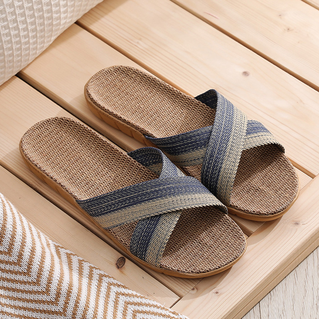Zapatillas de lino de verano para hombre, chanclas informales de lino, chanclas antideslizantes de varios estilos para el hogar, zapatos de interior, sandalias para hombre Pantoufle Homme