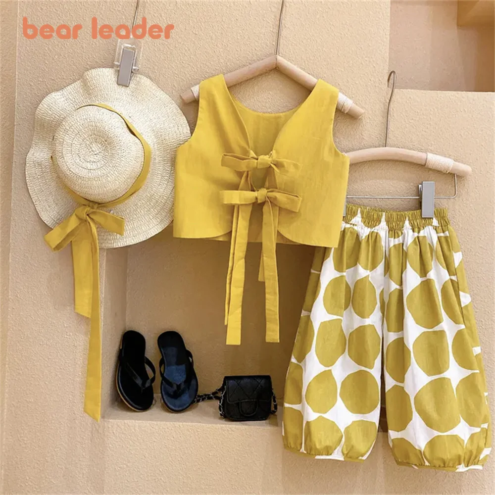 Bear Leader-traje Pastoral con espalda descubierta para niña, Jersey fino, chaleco, Top de lunares, 3 piezas, 2026