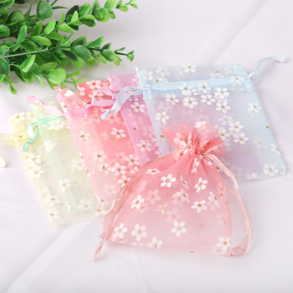 10 pçs 10x14cm 13x18cm 16x23cm cores claras sacos de organza flor impressão casamento doces embalagem cordão malotes saco de presente