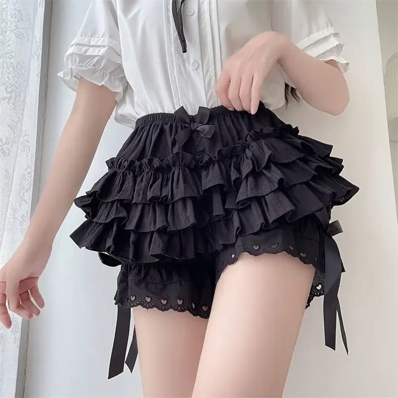 Schwarz-weißes, plissiertes Höschen für Damen, Kürbis, süßes Höschen, Schleife, Knoten, Lolita, Sicherheitsshorts, Vintage-Hose, viktorianische Pumphose