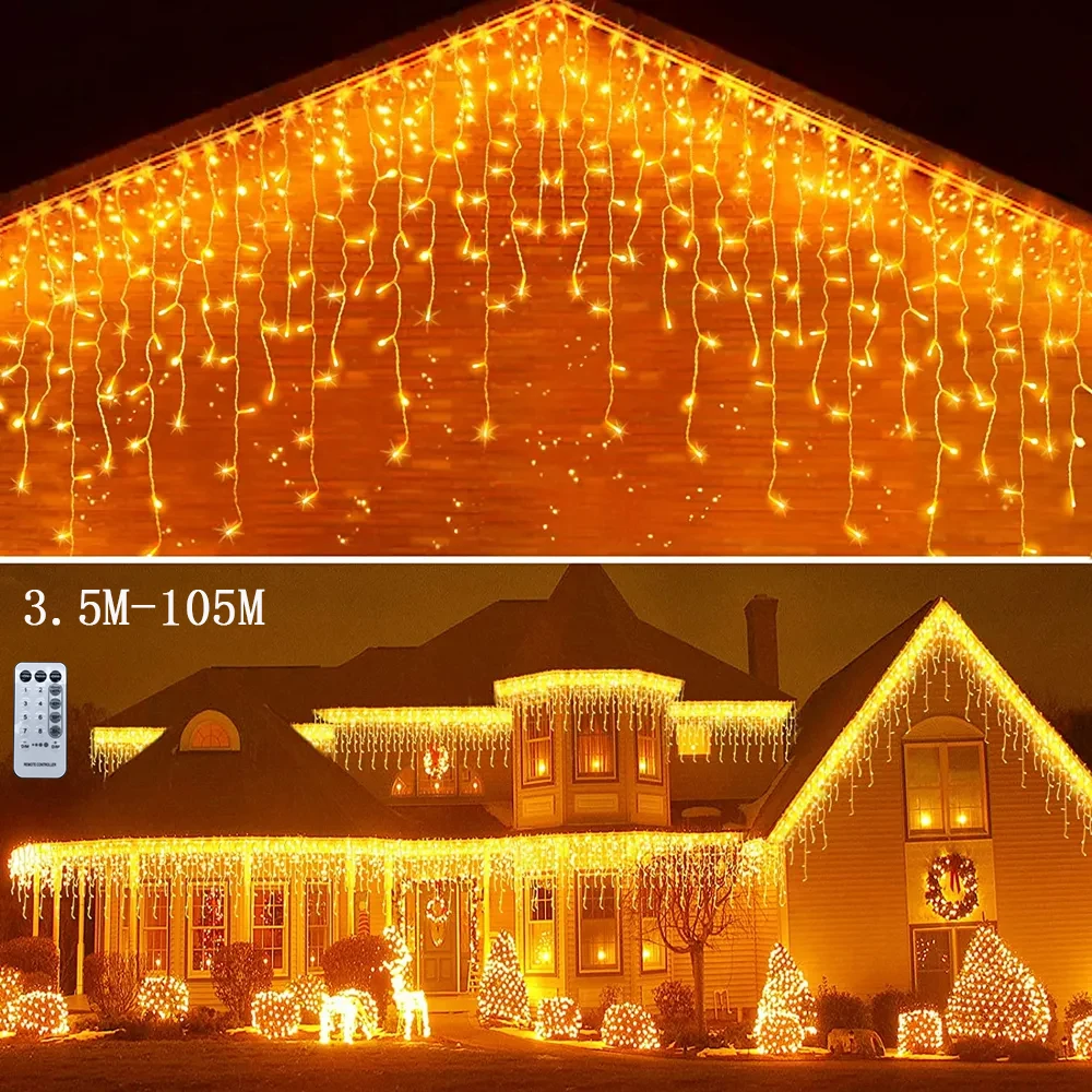Décorations de noël pour la maison extérieure LED rideau glaçon chaîne lumière rue guirlande sur la maison hiver 3M-35M Ramadan décor