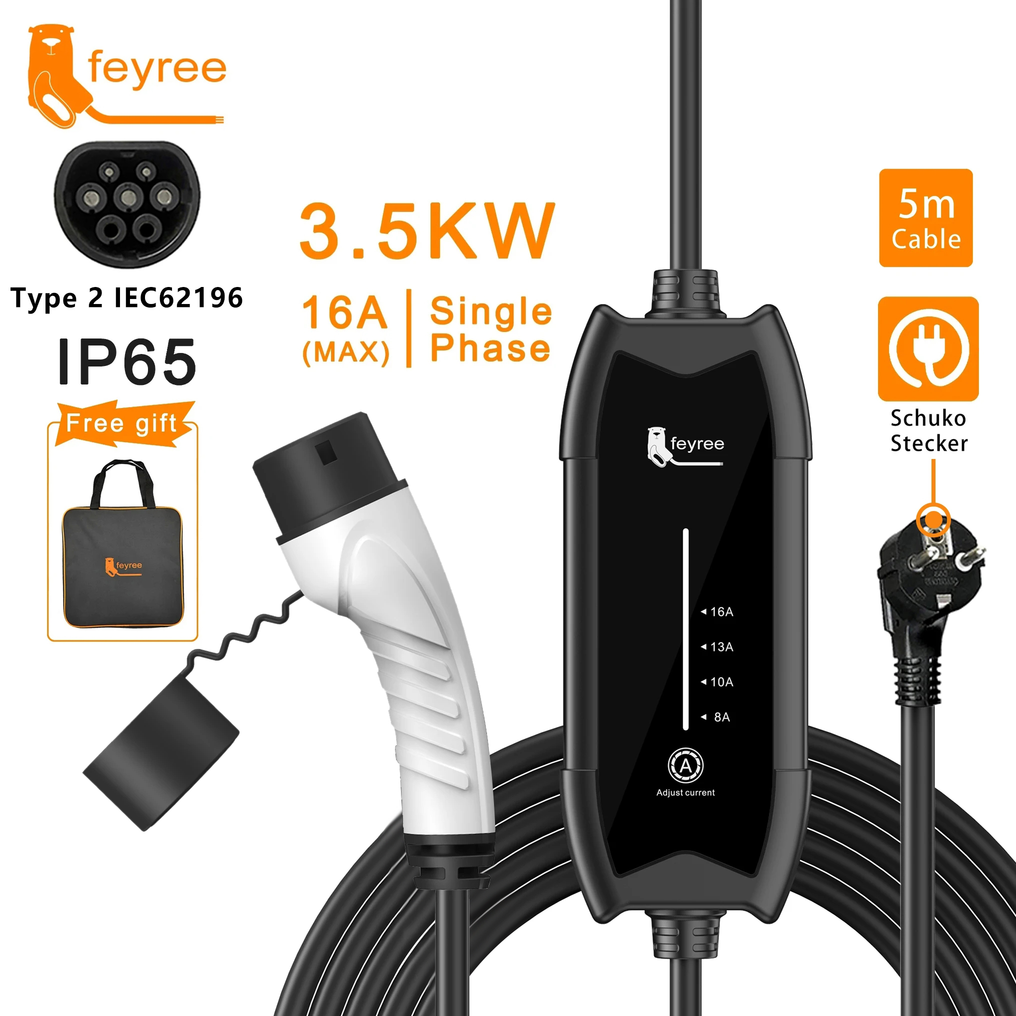 เครื่องชาร์จรถยนต์ไฟฟ้า Feyree Type2 3.5KW 16A 1 เฟส แบบพกพา ปรับกระแสไฟได้ สายชาร์จยาว 5 เมตร สถานีชาร์จสำหรับรถยนต์ไฟฟ้า