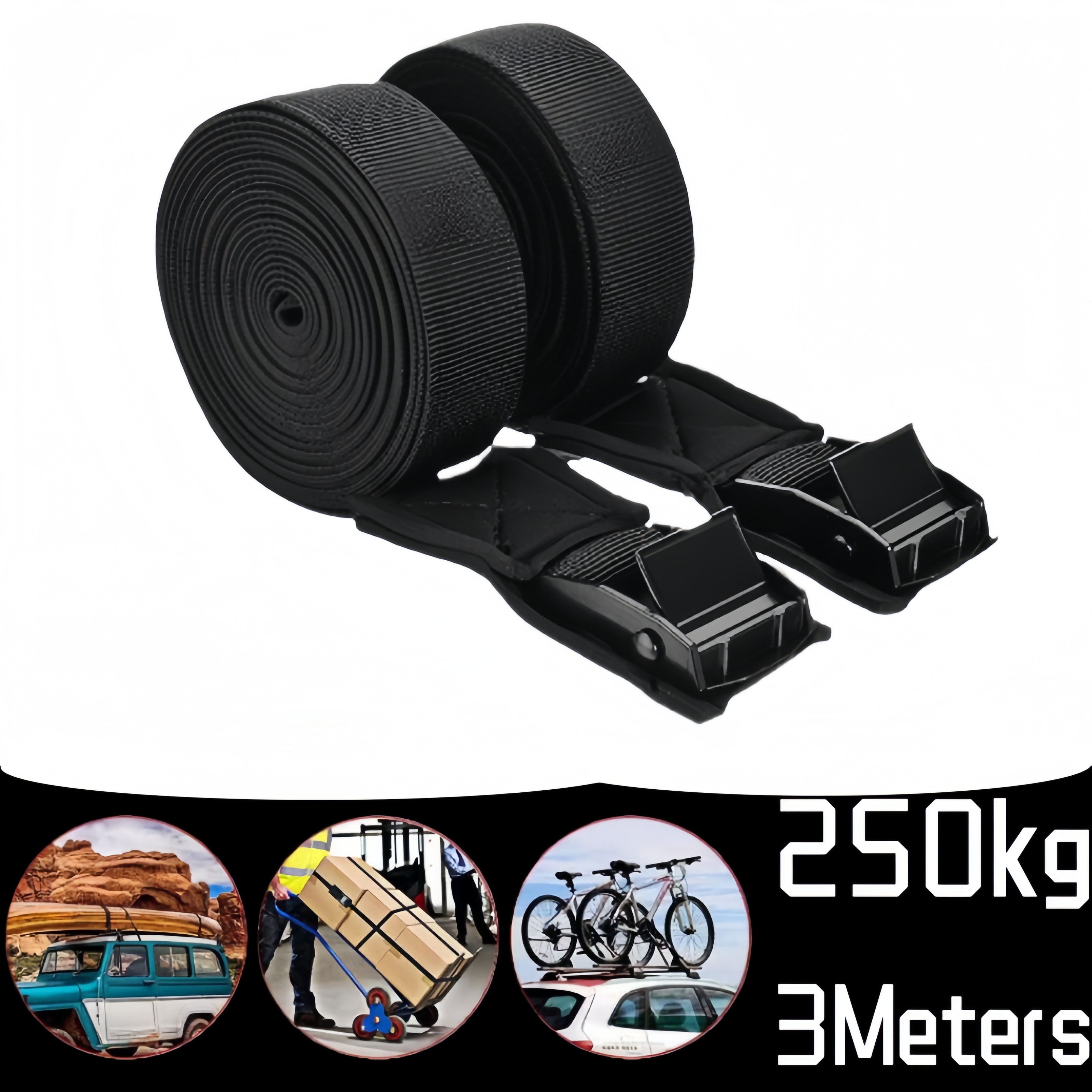 Sangle d'arrimage à boucle de came robuste de 250kg, 2 pièces, pour support de toit de voiture, kayak, moto, bagages cargo, camping en plein air, sangles d'arrimage