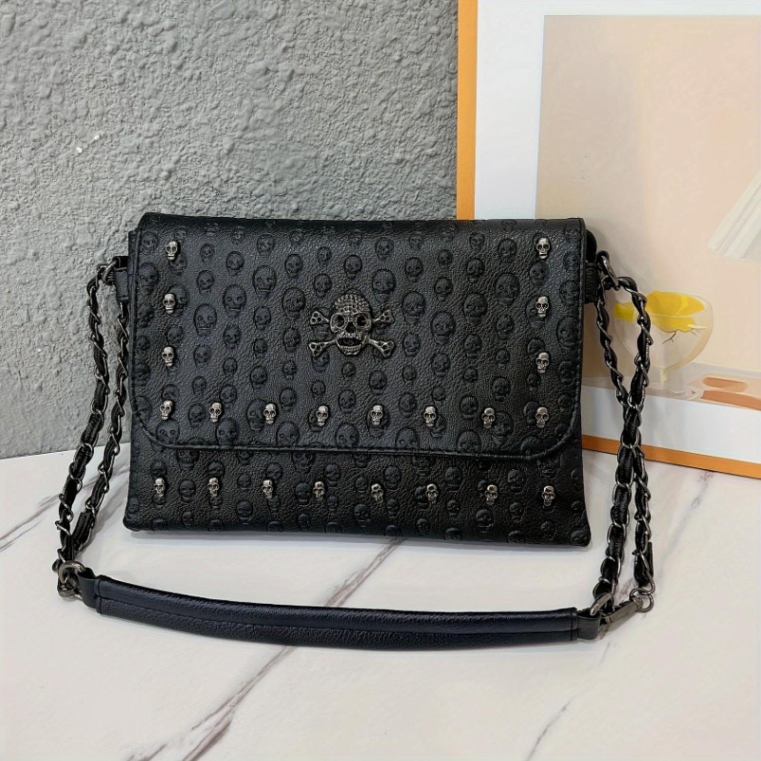 Skull Fashion Shoulder Bag, PU Leather Crossbody with Chain Strap, Small Square Designer Handbag