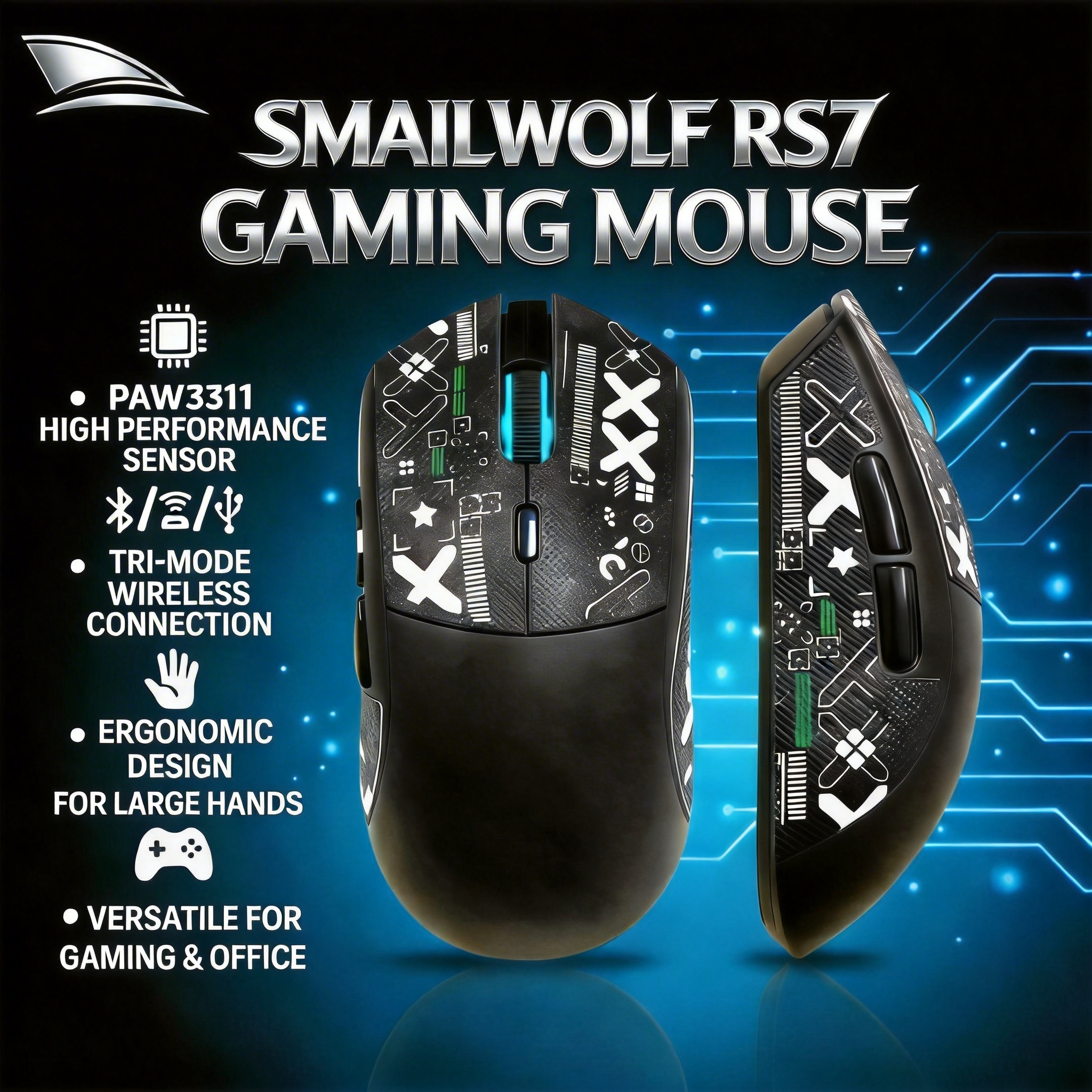 Mysz bezprzewodowa Bluetooth SMAILWOLF RS7, trójtrybowa, do gier, do notebooków i komputerów stacjonarnych, z czujnikiem PAW3311, odpowiednia dla dużych dłoni.