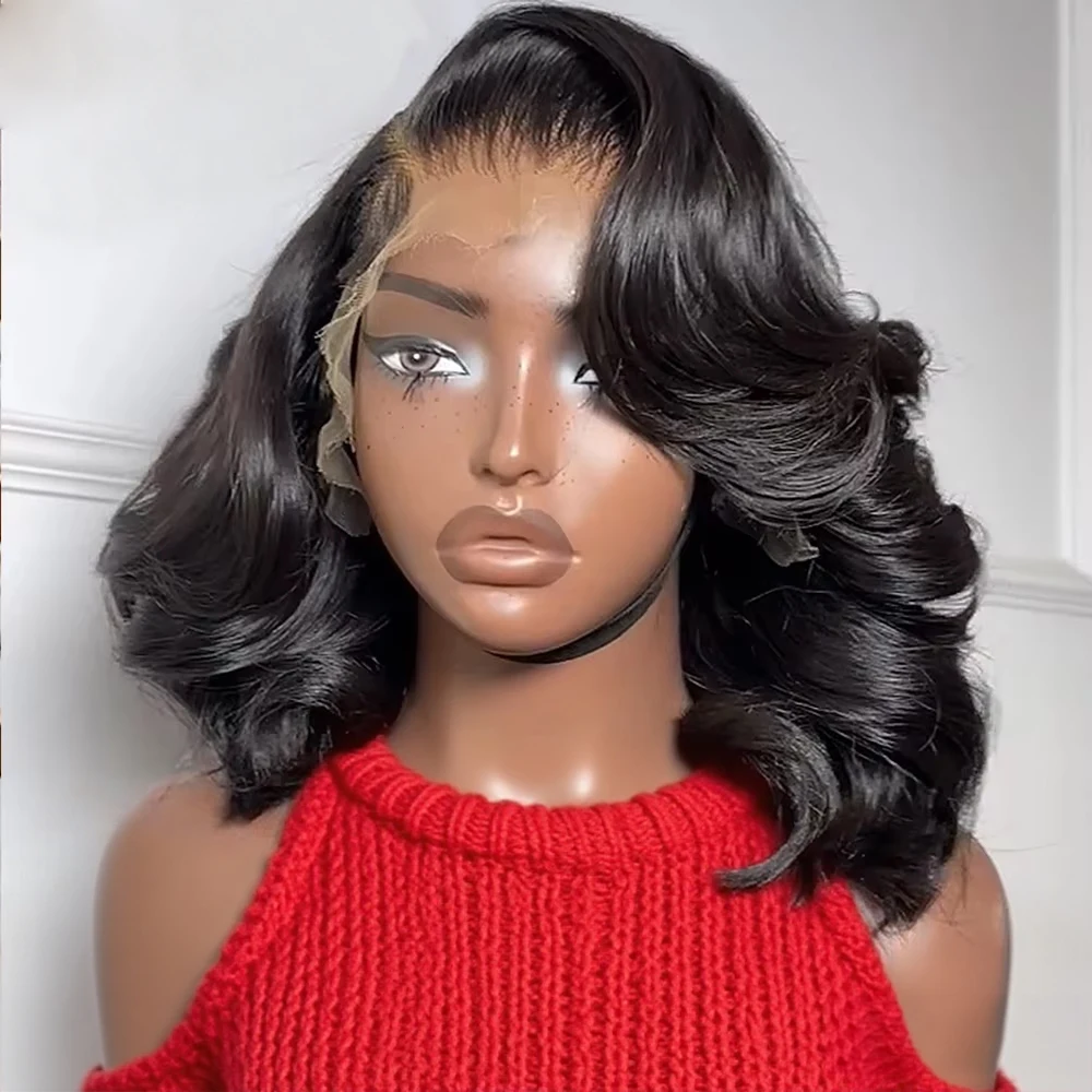 BVYWELL Original Vietnamese Raw Hair Water Wave Wet and Wavy 13x6 Hd Lace Frontal Short Bob Wigs Human Hair 250% Density Natural Black Body Wave Lace Front Wigs 16 Inch For Women