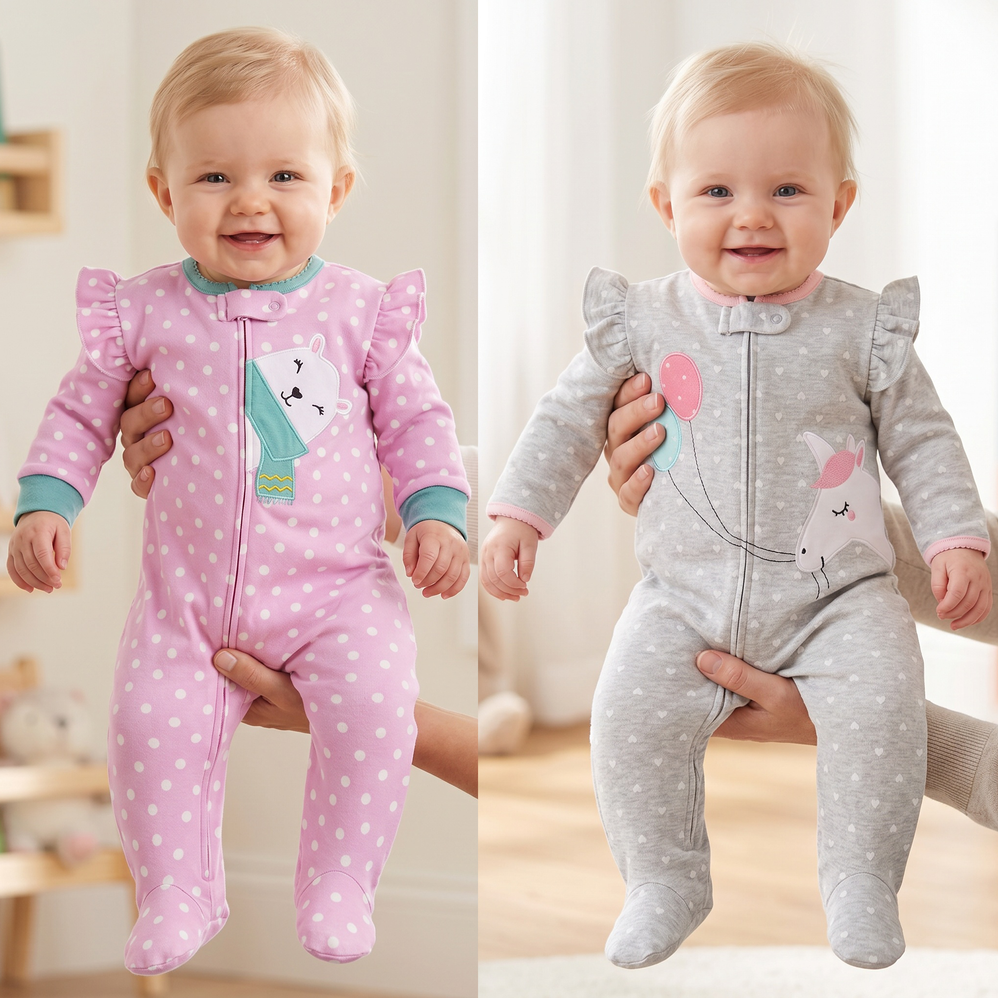 Cotton Baby Footed Romper with Ruffle Sleeve Heart&Polka Dot Print Cartoon Embroidery Zip Onesie for 3-9M Baby Girls All Season