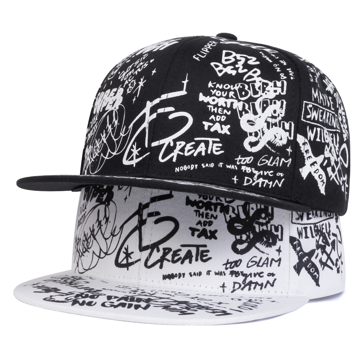 Unissex preto e branco carta graffiti impressão hip-hop chapéus primavera outono ao ar livre ajustável casual bonés de beisebol protetor solar chapéu