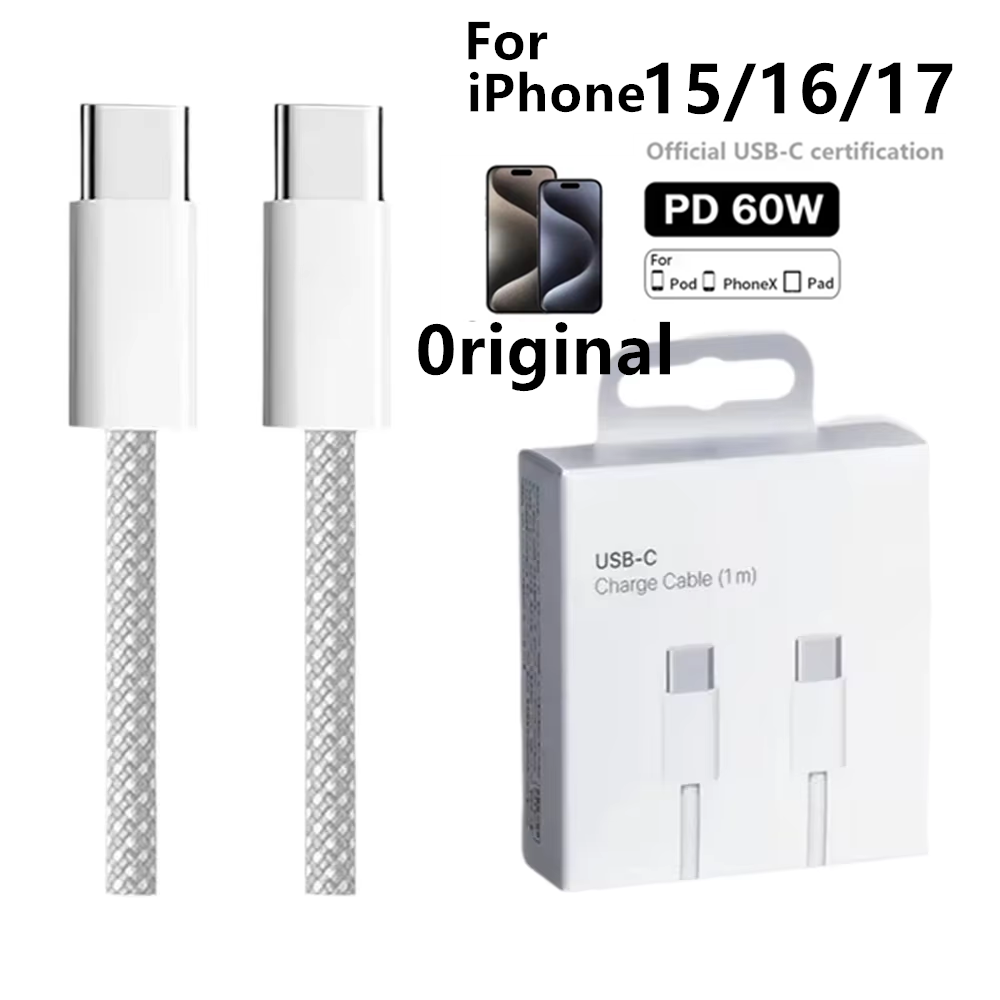 PD 60W Dual USB-C Fast Charging Braided Cable For iPhone 15 16 17Pro Max 15  Plus Type C to Type C Quick Charger Cable With Box