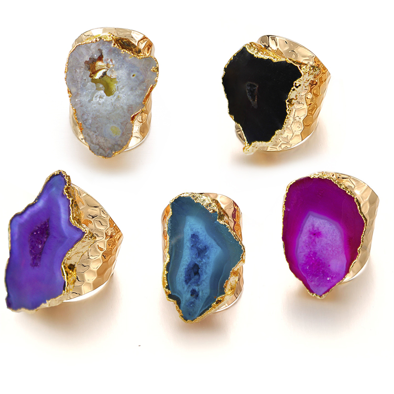 ไม่สม่ําเสมอ Geode หิน Agate ชิ้นเปิดกว้างแหวนผู้หญิง Boho ปรับขนาดได้เครื่องประดับนิ้วมือ