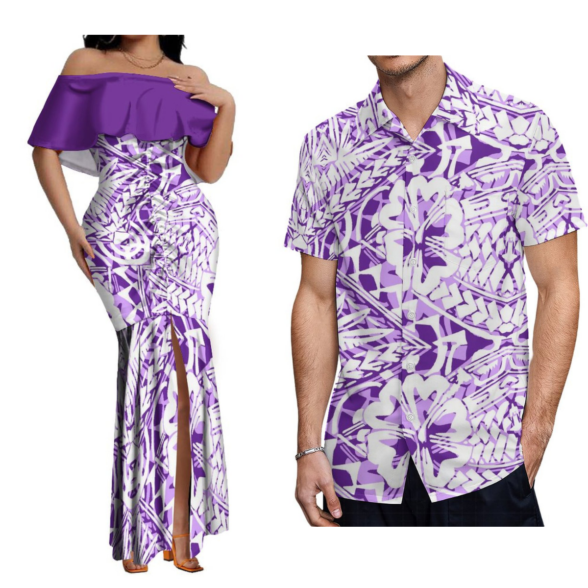 Vestido de Samoan personalizado para mujer, vestido con hombros descubiertos, falda de cola de pez de fiesta hawaiana y camisa de hombre, traje de pareja polinesiano