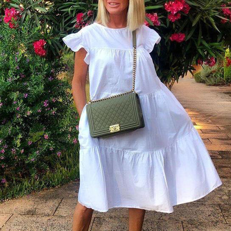 Damen Sommer Halskrause Sommerkleid elegante lässige Party Strand Vintage Swing Midi Kleid solide böhmische übergroße Vestidos Robe