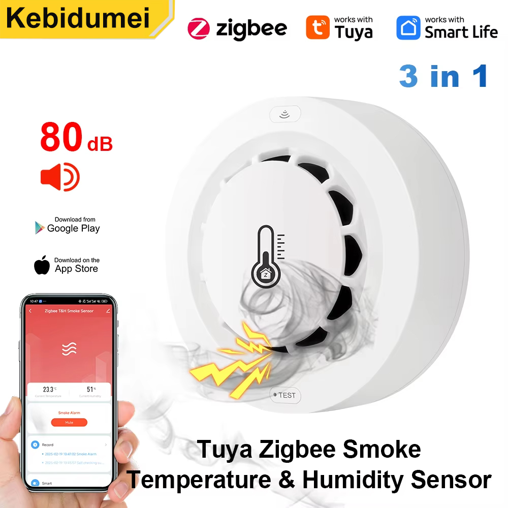 Detector de humo 3 en 1 Tuya Zigbee, alarma de humo WiFi, Sensor de temperatura y humedad Bluetooth, alarma de sonido de 80dB, función de alerta remota