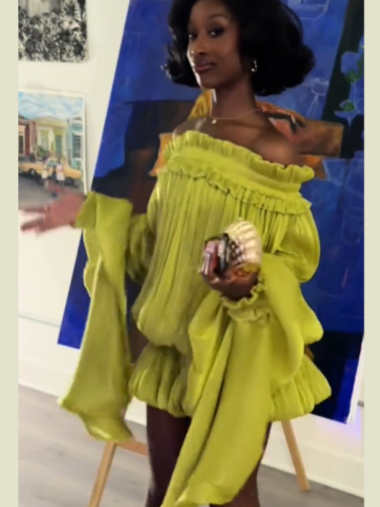 Gaun Pendek Lipit Warna Hijau Lime Model Off-shoulder Chic dengan Pinggang Smocked dan Detail Bubble Vistidos untuk Wanita, Gaun Pesta Pantai dan Klub dengan Lengan Panjang Bertingkat