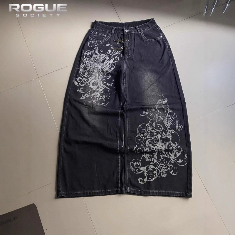 Letnie spodnie dżinsowe męskie w stylu Y2K vintage z nadrukiem krzyży, gotyckie, z szerokimi nogawkami, luźne, proste, Harajuku, grunge, streetwear, unisex.