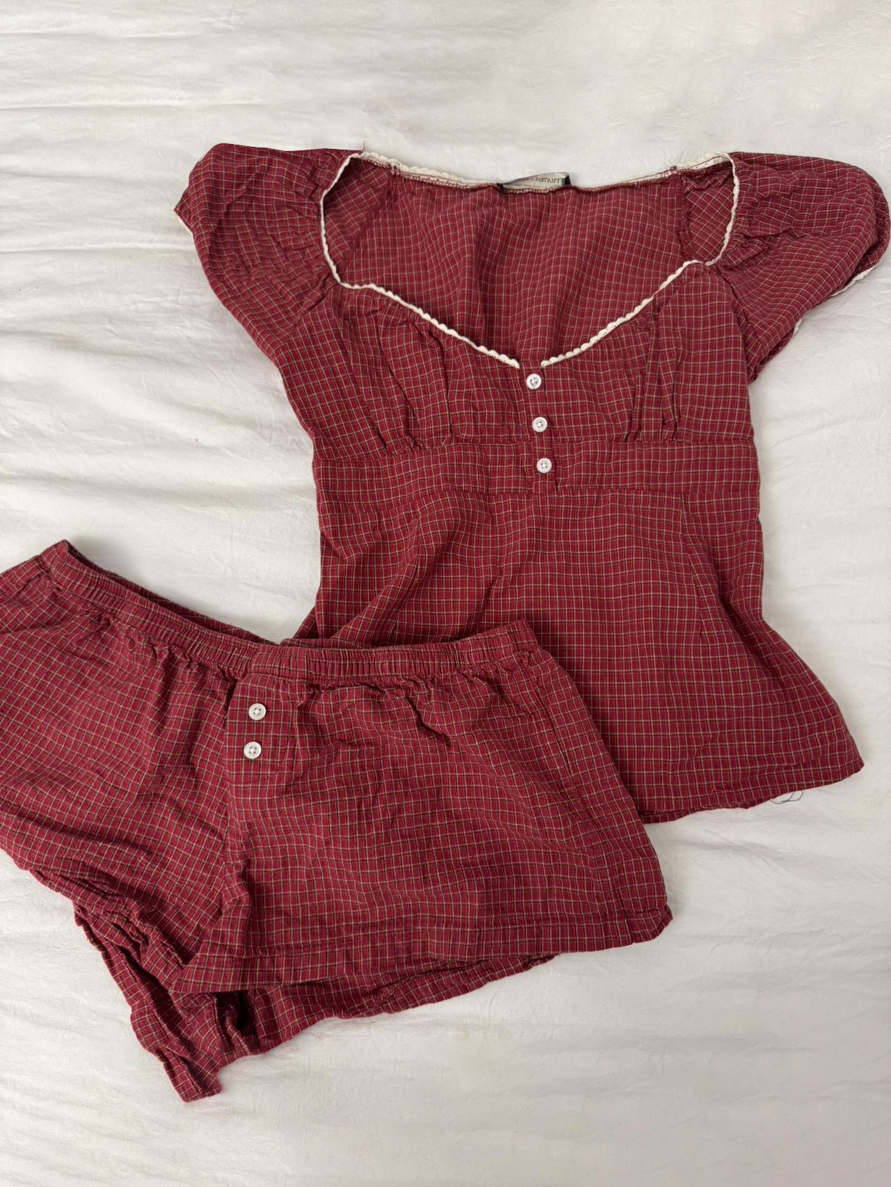 Rot kariertes T-Shirt-Shorts-Set für Damen, Sommer, Schnürung, Puffärmel, Bluse + Knöpfe, elastische Taille, kurze Hosen, Baumwolle, süße 2-teilige Sets