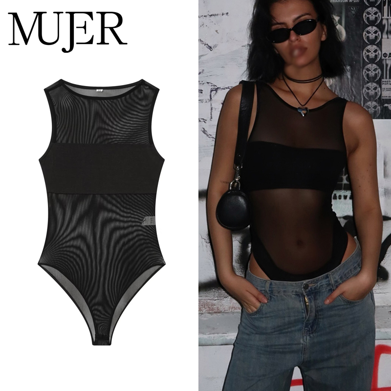 Combinaisons sexy en tulle pour femmes, hauts sans manches, combinaisons en maille pour femmes, combinaisons d'été pour femmes, lingerie transparente