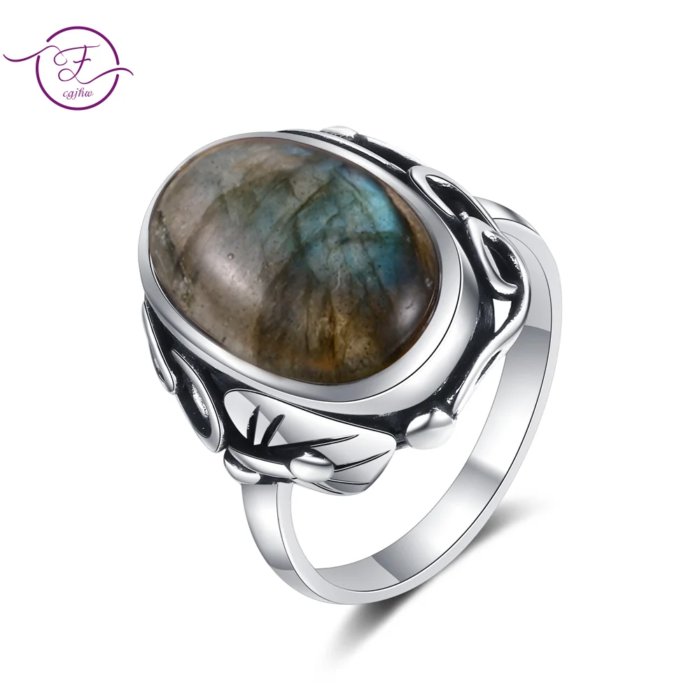Cincin Batu Alam Vintage untuk Wanita Pria Labradorite Tiger Eye Cincin Perak Retro Unisex Perhiasan Statement Hadiah Ulang Tahun