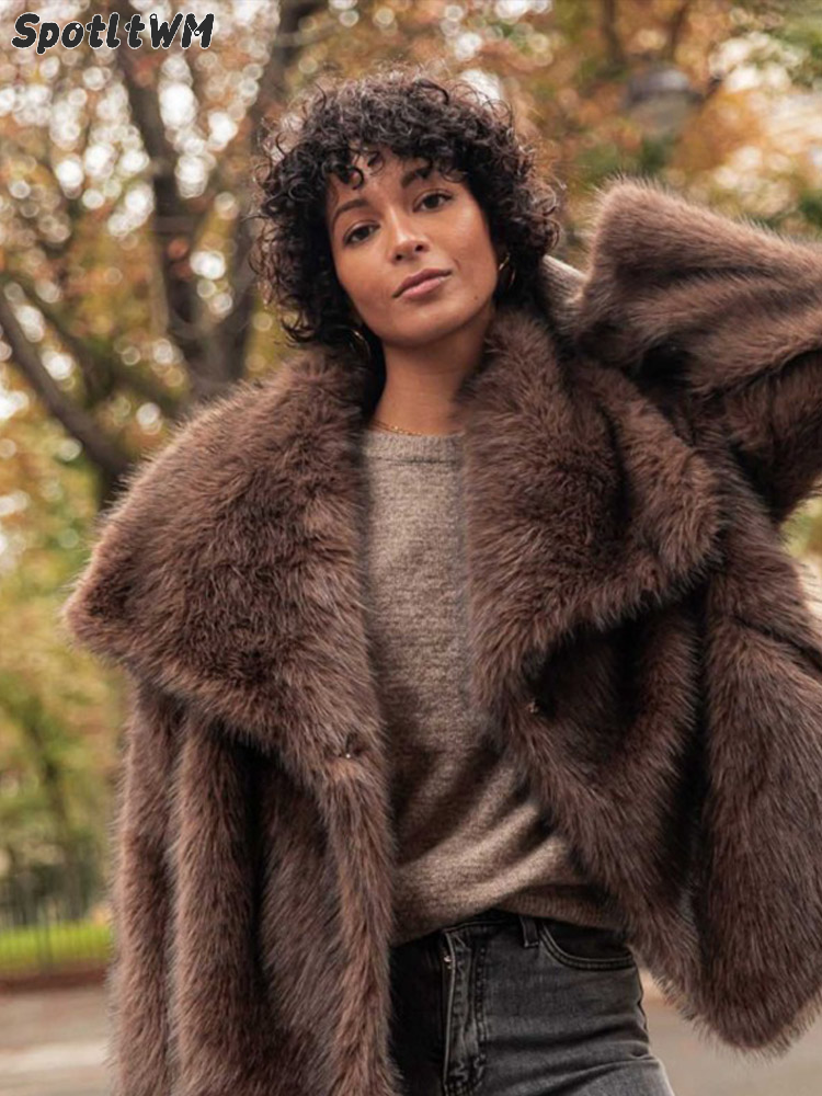 Gola de manga comprida botões casaco de pele sintética feminino inverno grosso quente cor sólida jaqueta fúria senhoras high street outerwear 2024