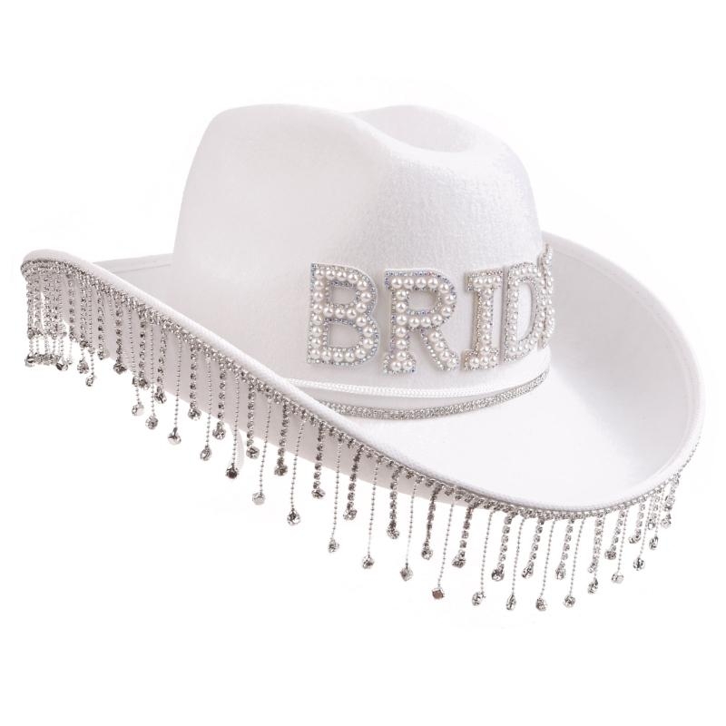 E21F – chapeau Cowboy à franges en pour avec lettre mariée, chapeau Fedoras mariée d'été en plein air des