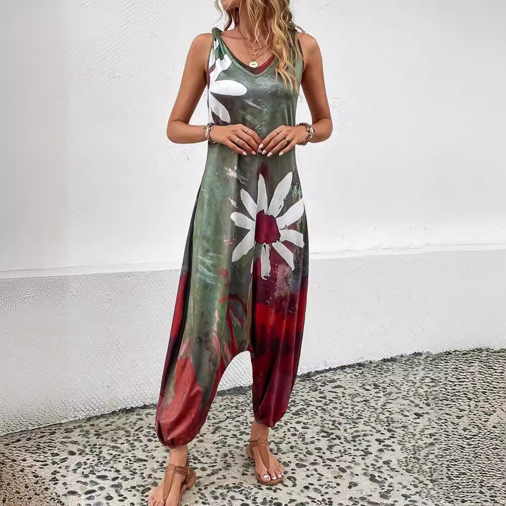 2024 frühjahr/Sommer AliExpress Kreuz grenze Europäischen und Amerikanischen Neue frauen Mode Gedruckt Ärmellose V-ausschnitt overall für frauen