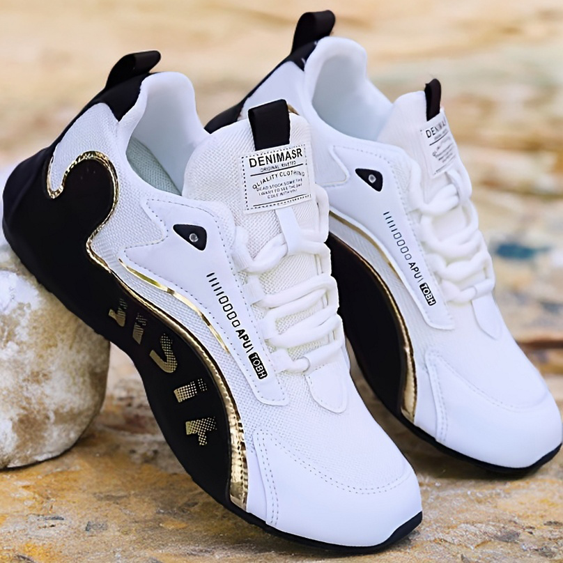 Trendy zwart-gouden mesh-casual schoenen met kleurblokken, ademende, schokabsorberende sneakers met dikke zolen voor heren, veelzijdige antislip herenschoenen met zachte zolen voor dagelijks woon-werkverkeer