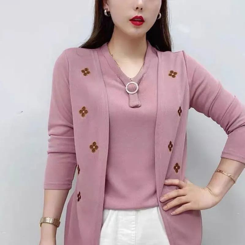 New Spring Autumn Clothes Women's T-Shirt Blouse Middle-Aged Elderly Mothers Fake Two Tops Fashion Bottoming Shirt  Female