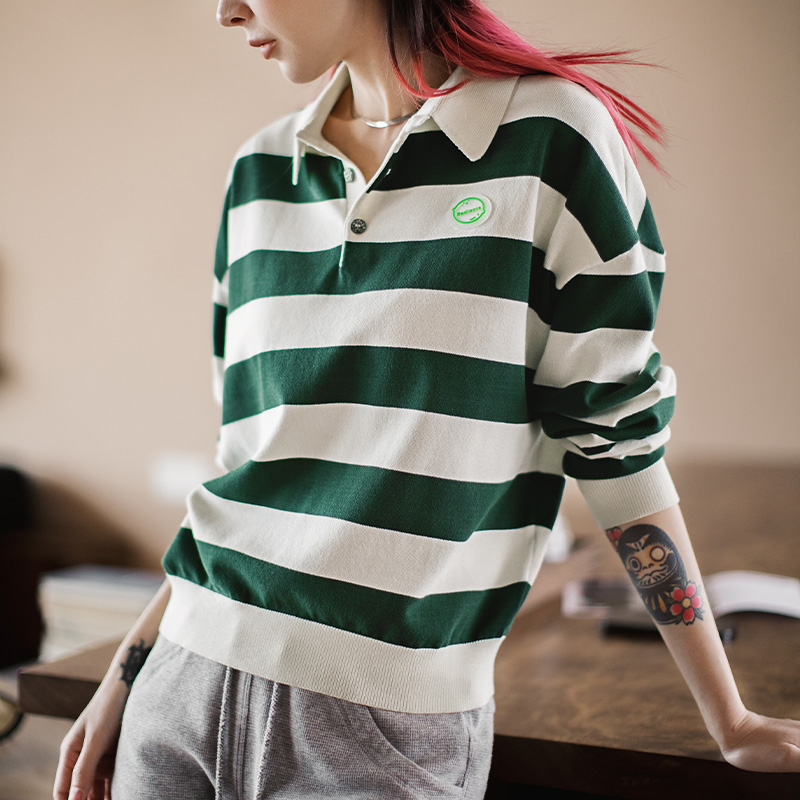 Maden Retro Classic Polo a righe con blocchi di colore bianco e verde per donna T-shirt autunnale a maniche lunghe Top casual larghi