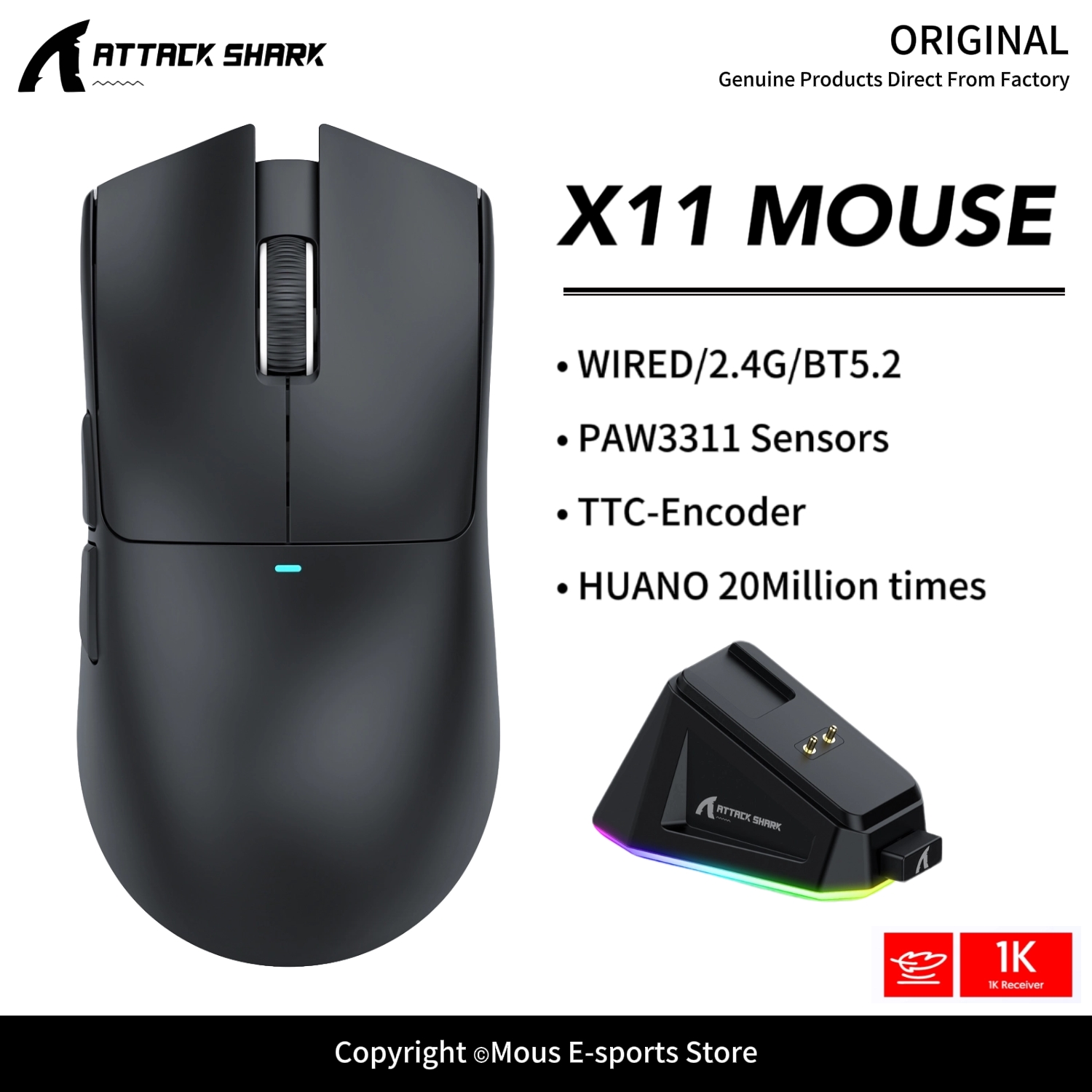 X11 ATTACK SHARK RGB แท่นชาร์จเมาส์บลูทูธ PAW3311 เซ็นเซอร์ 22000DPI TTC ตัวเข้ารหัสและอัตราการตอบสนอง 1000Hz สำหรับเมาส์ไร้สาย