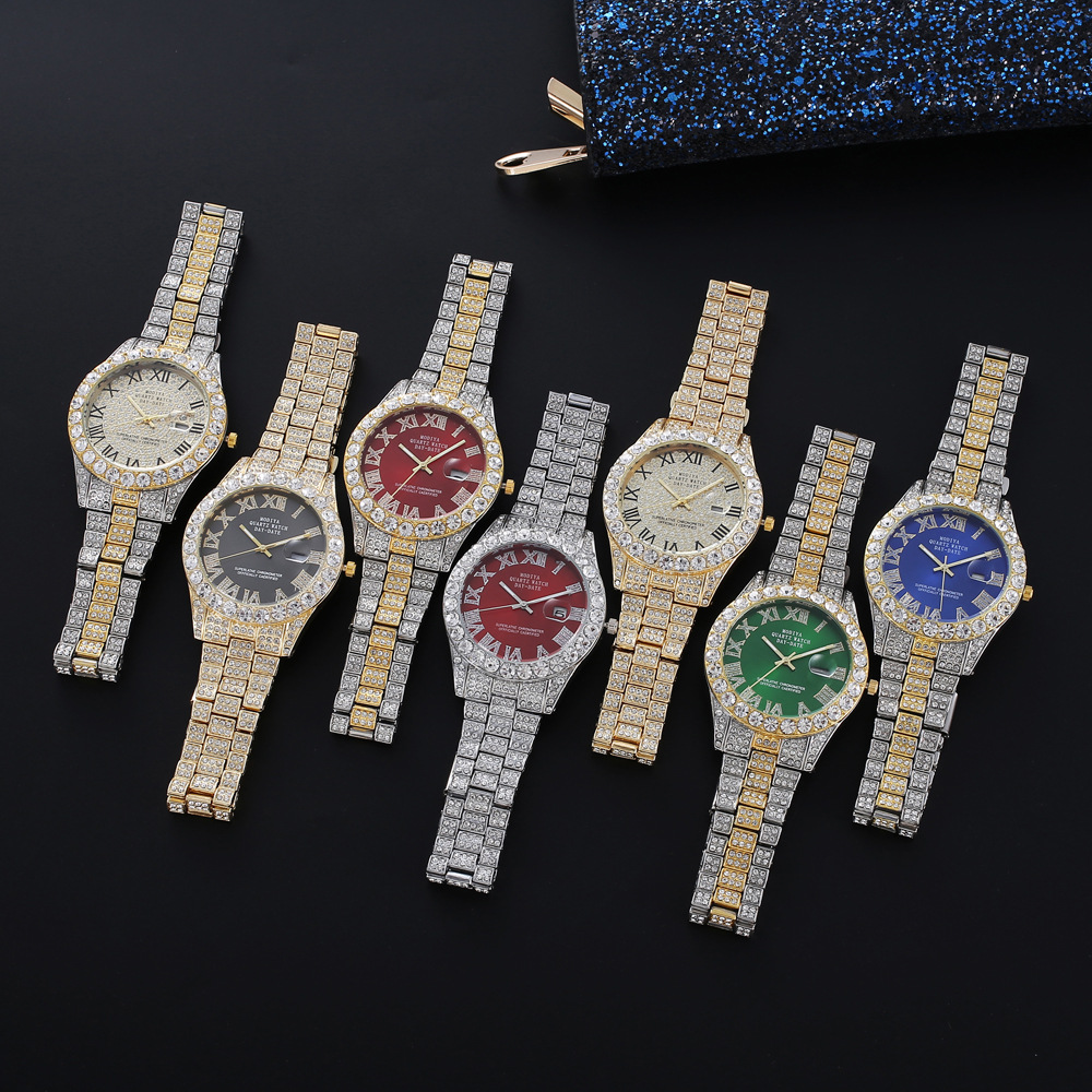 Hip hop iced out relógio masculino completo aaa strass em torno de luxo relógios quartzo relógio redondo unisex relógio de pulso presente para namorado