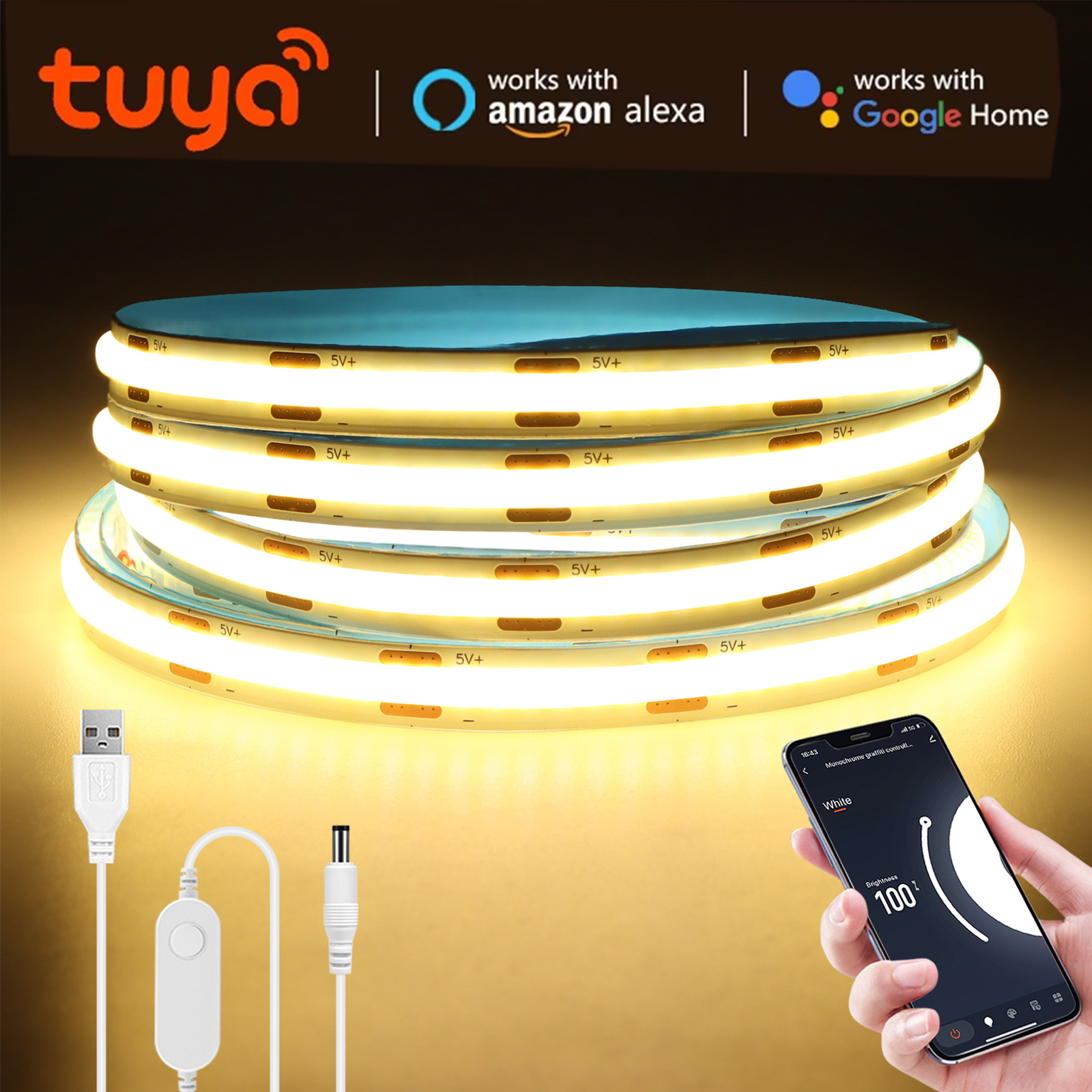 DC5V USB Tuya Smart app WiFi COB LED Strip Light, 1M 2M 3M 5M Ściemnialna taśma LED COB Współpracuje z aplikacją Alexa/Google Home/Smart Life