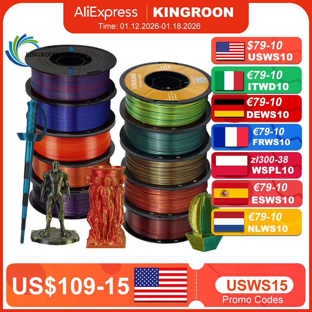 KINGROON soie double couleur PLA Filament imprimante 3D 1.75mm 11/22 lbs soie PLA Filament matériaux plastiques impression 3D couleur spéciale