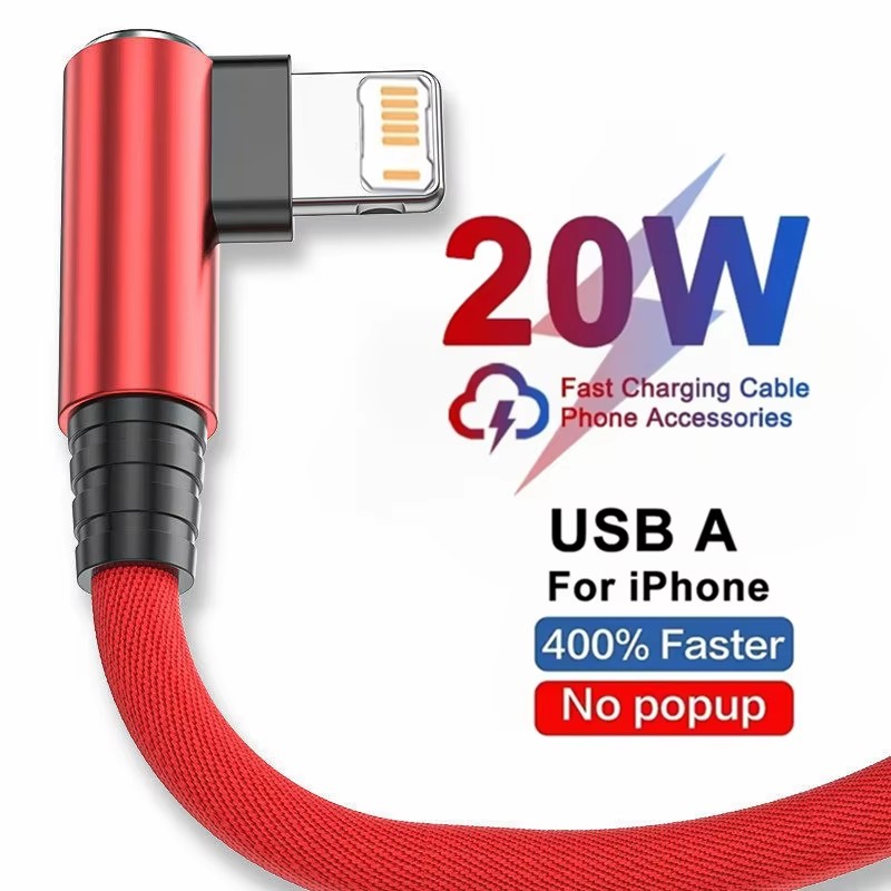 Right Angle Fast Charging USB Cable For iPhone 11 12 13 Pro XS Max X XR 6 6S 7 8 14 Plus Braided Wire Elbow Data Cable 1m 2m 3m