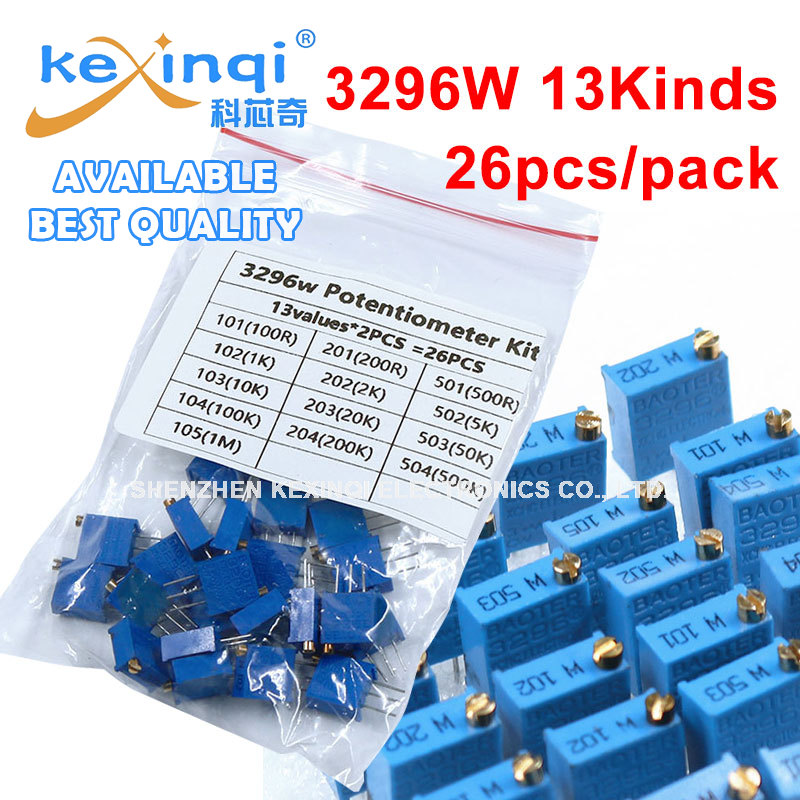 26 шт./компл. комплект потенциометров 3296 Вт 100R 200R 500R 1K 2K 5K 10K 20K 50K 100K 200K 500K 1M Набор переменных резисторов 13 значений x 2 шт.