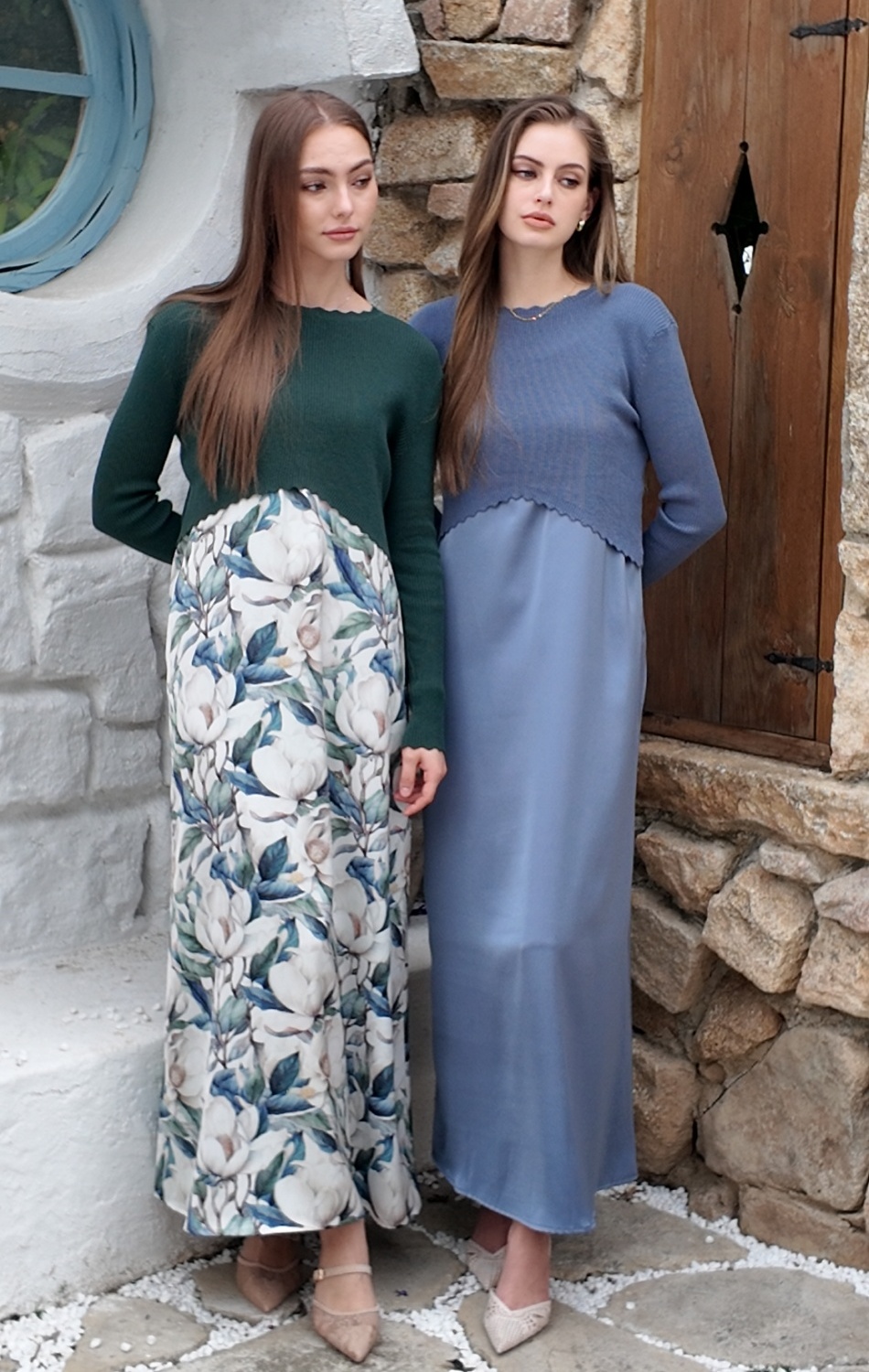 Комплект женской одежды: элегантное атласное платье-слип SS26 Luxe + вязаный топ, регулируемая длина макси, до пола