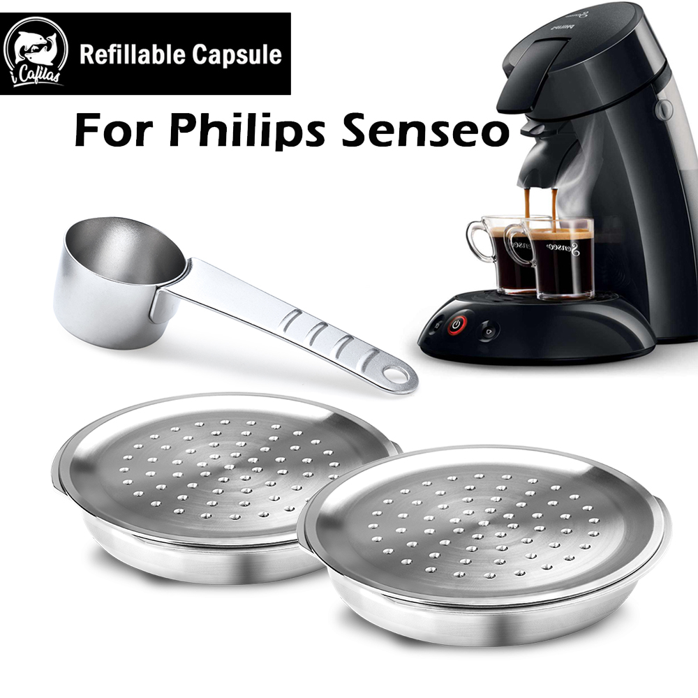 Kapsułka do kawy ze stali nierdzewnej, wielokrotnego użytku, filtr do ekspresu do kawy, kompatybilna z systemem Senseo, Philips Espresso Crema Maker, z łyżeczką.