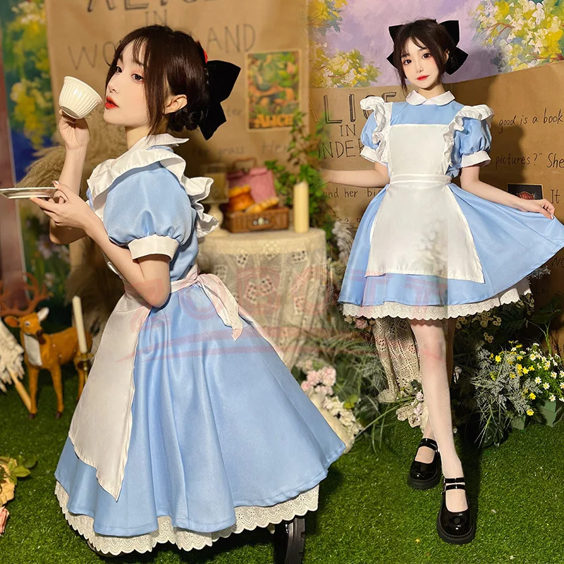 Lolita vestido avental de empregada fantasia carnaval trajes de halloween para mulheres festa de máscaras alice no país das maravilhas cosplay traje