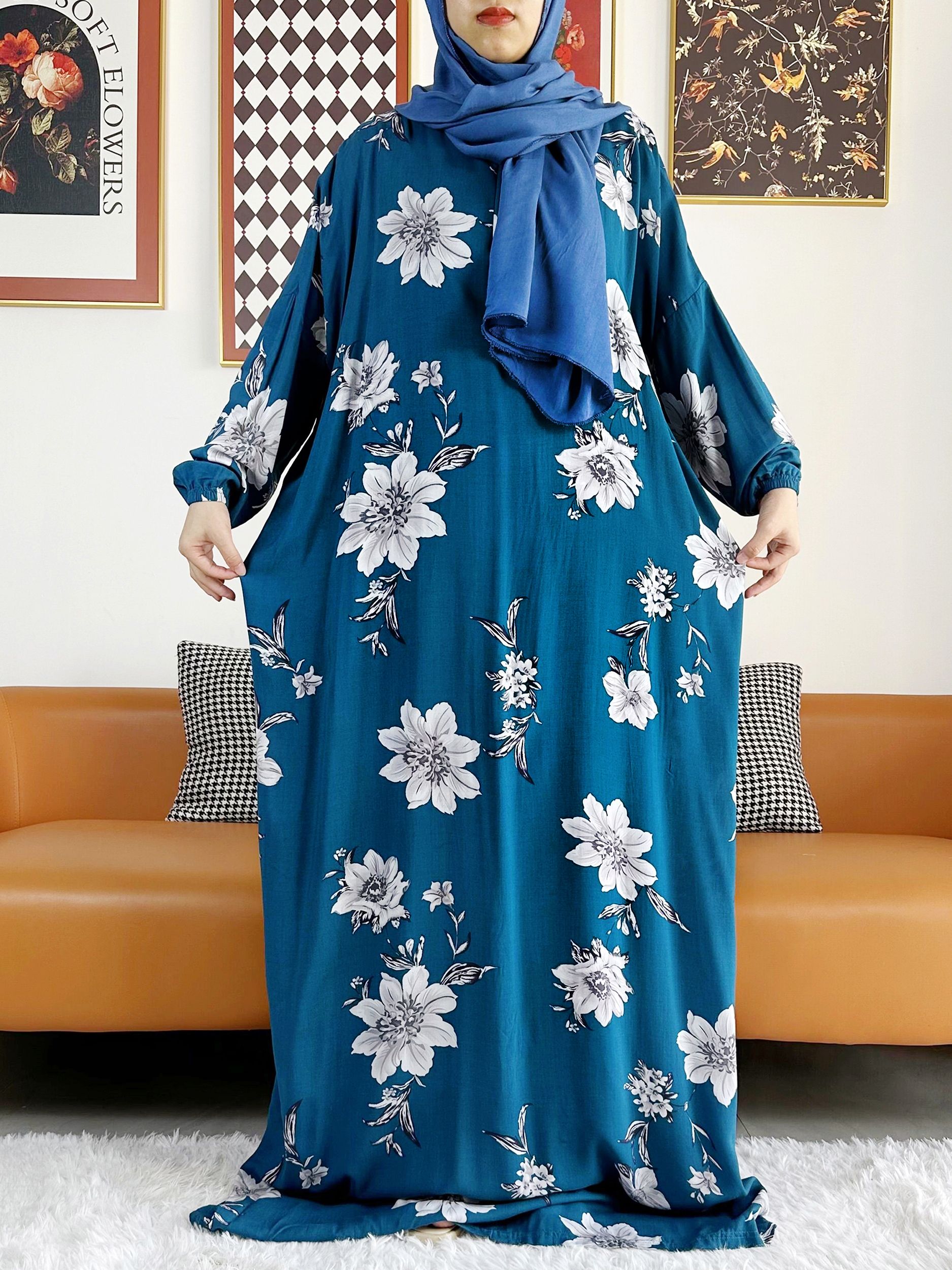 2025 Musulmano Rayon Abaya Passo di colore Ramadan Preghiera Dubai Turchia Medio Oriente Femme Robe Floreale Allentato Abito africano Turbante Comune